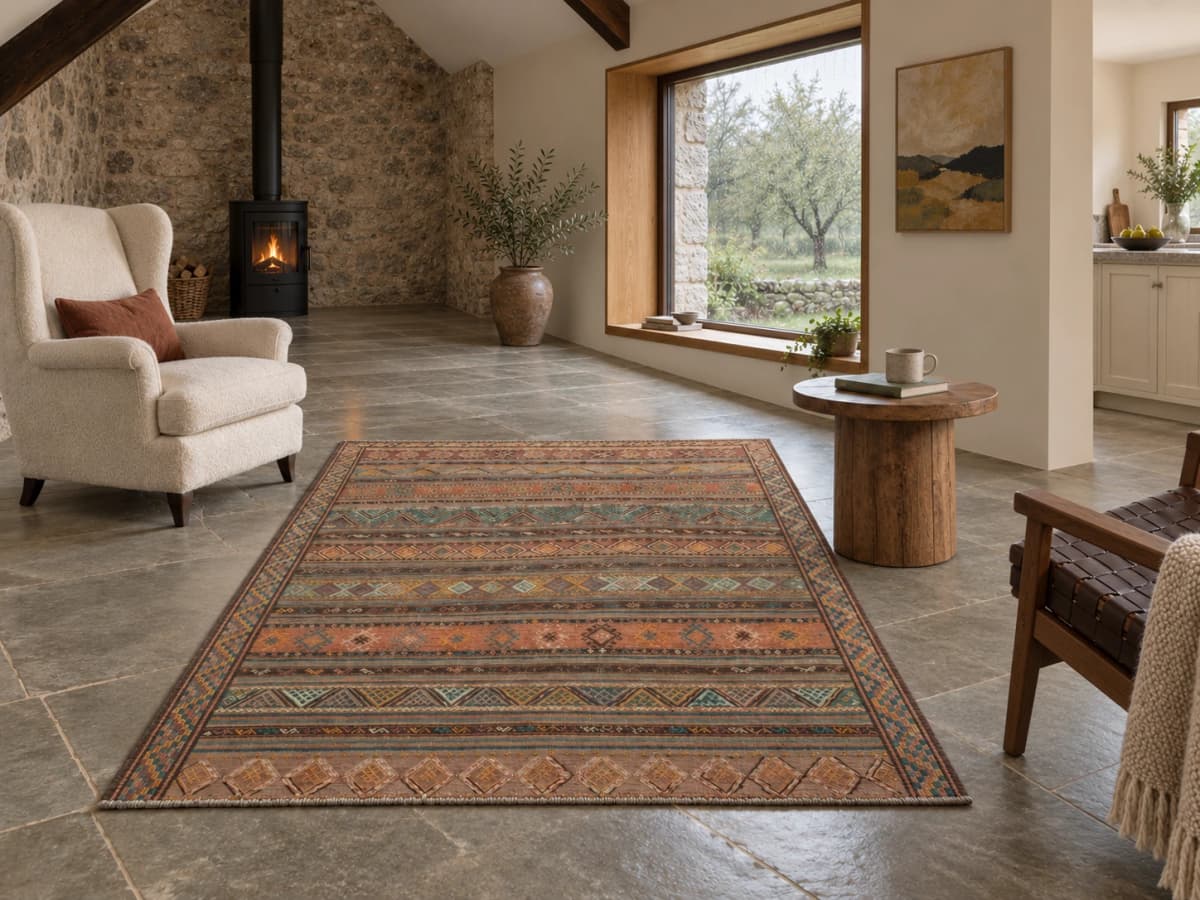 Tapis persan kilim soumak, géométrique, 163x210 cm, multicolore — Dans une pièce
