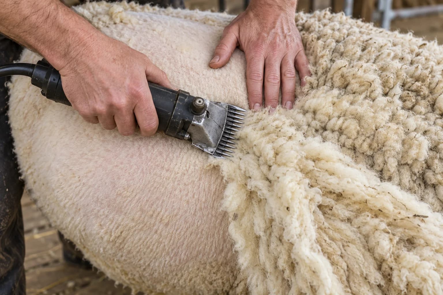 Close-up van de handen van een schapenscheerder die een scheermachine langs de flank leidt en dikke crèmekleurige vacht scheidt van een kortgeschoren strook wol.