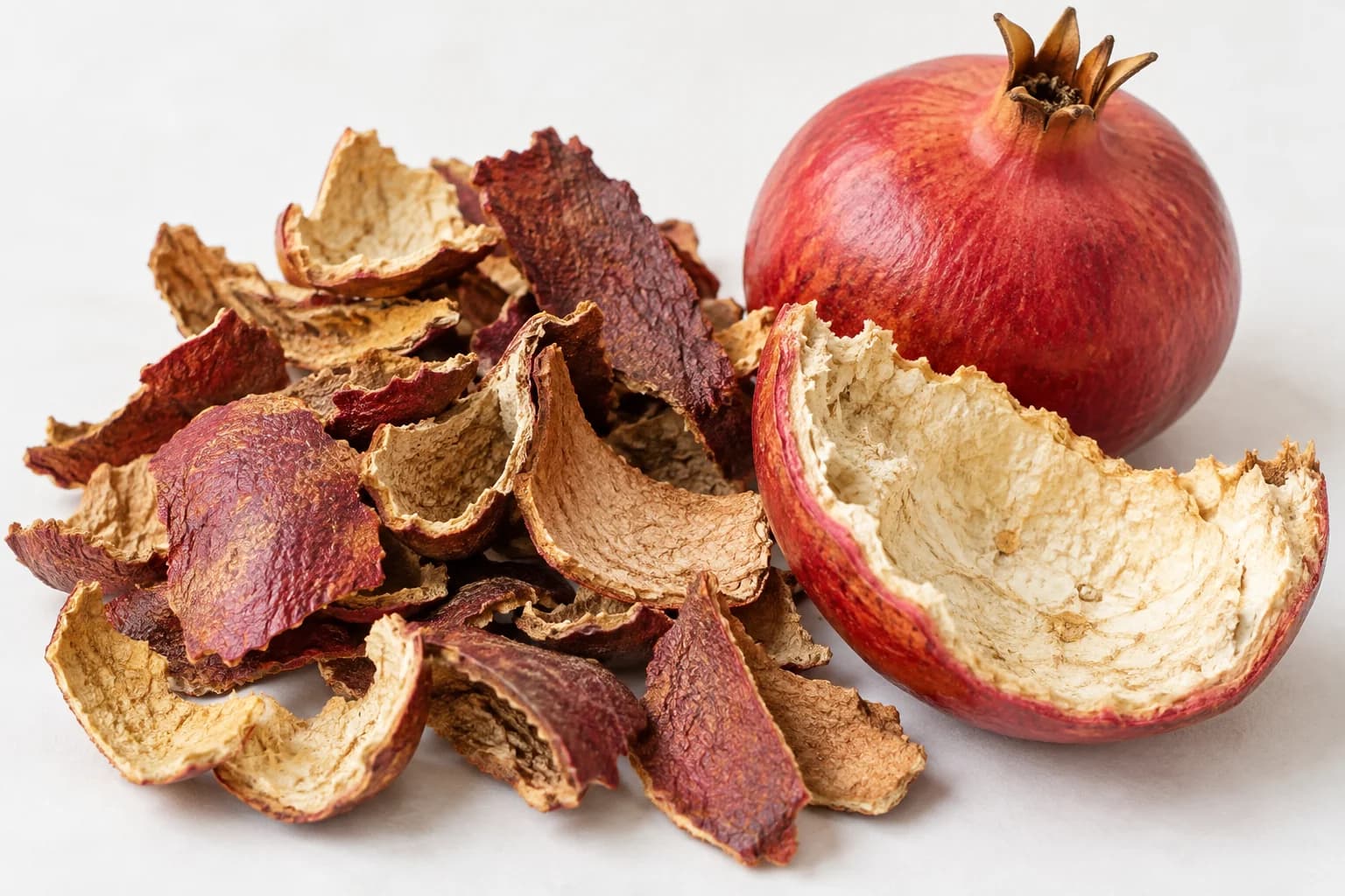 Torkade granatäppelskal bredvid ett färskt rött skal med gräddvit insida och ett helt granatäpple.