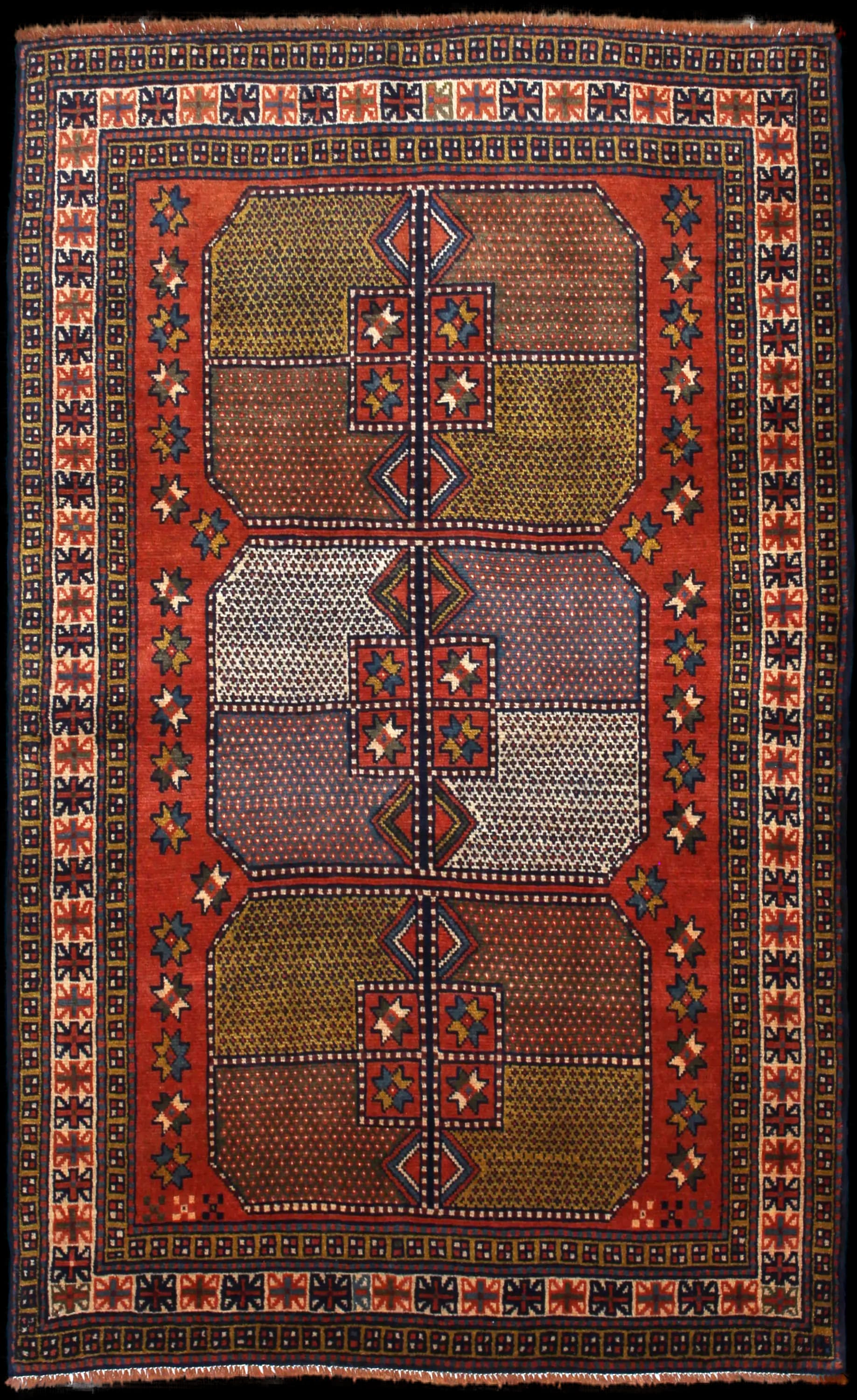 Handmade Persiano rug in dimensions 185 centimeters length by 115 centimeters width with mainly Verde e Blu colors