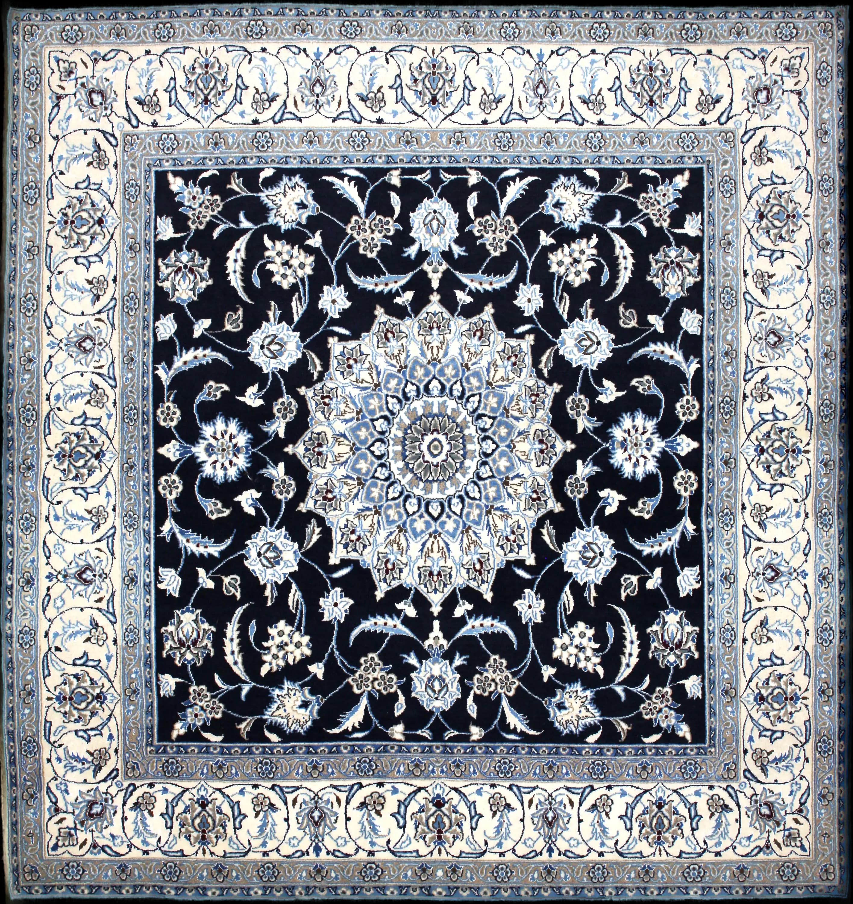 Handmade Persian rug in dimensions 207 centimeters length by 200 centimeters width with mainly Blue and White colors