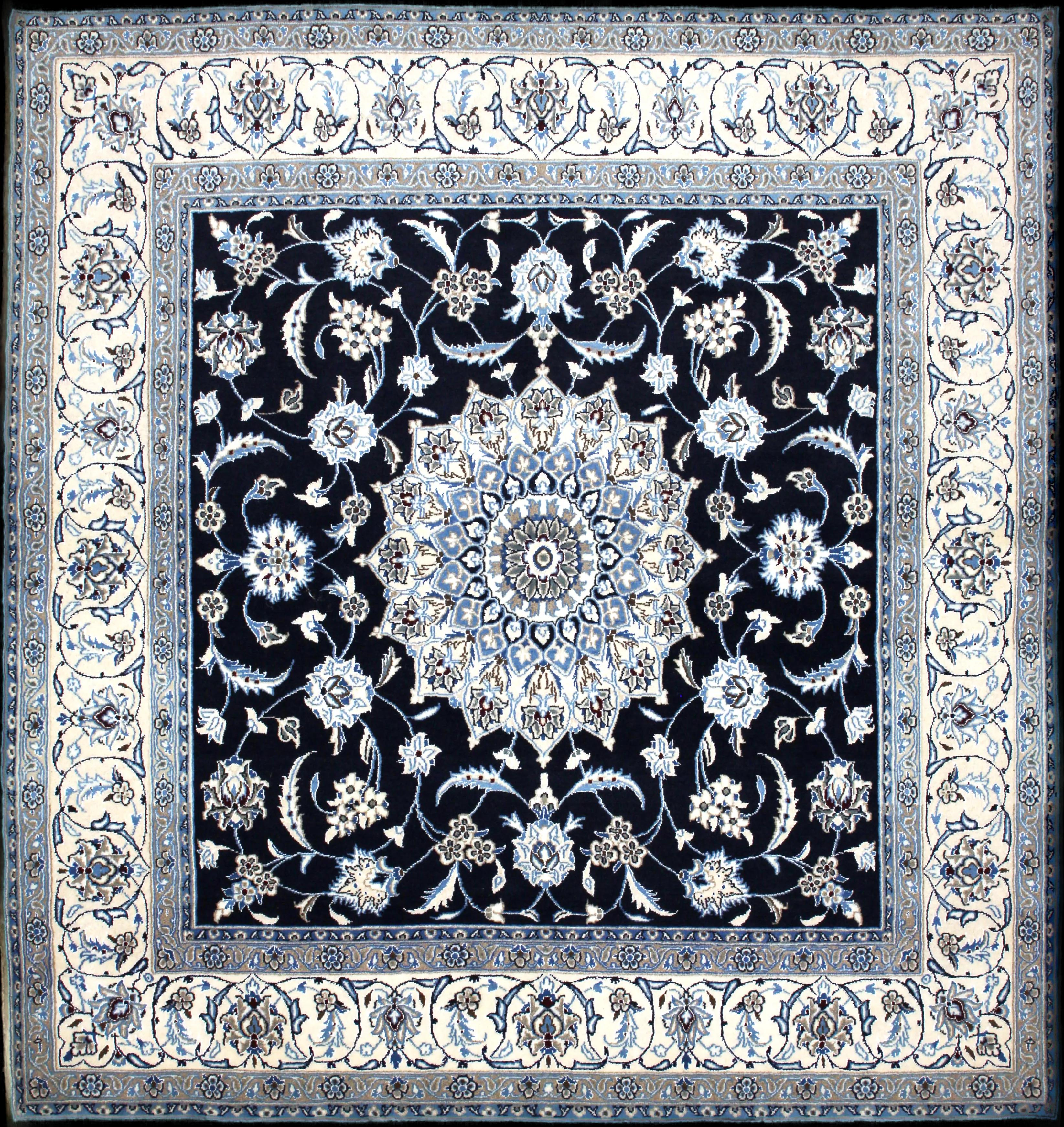 Handmade Persian rug of Nain style in dimensions 207 centimeters length by 200 centimetres width with mainly Blue and White colors