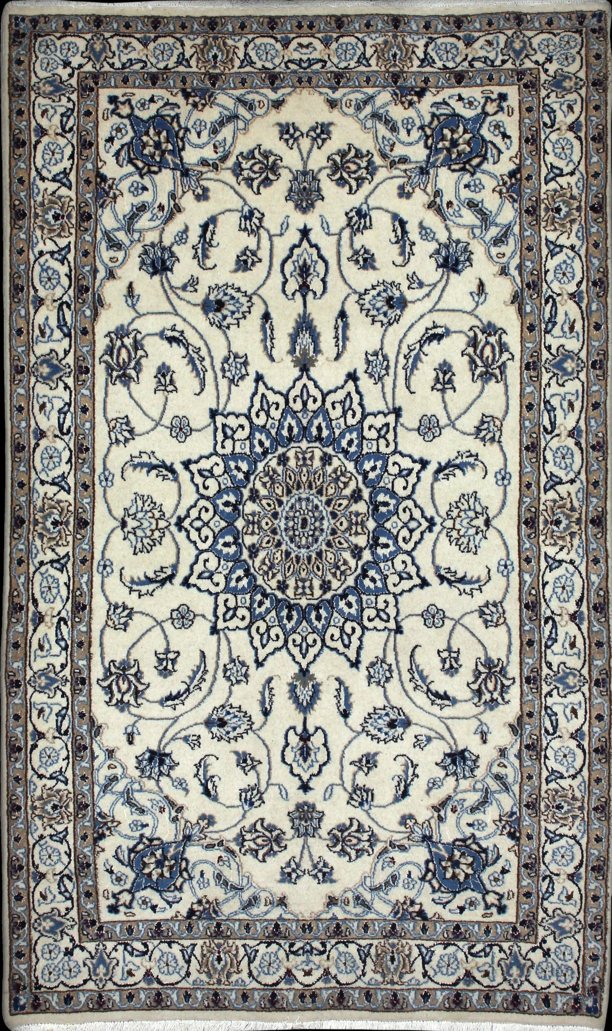 Handmade Persian rug of Nain style in dimensions 202 centimeters length by 120 centimetres width with mainly Blue and Beige colors