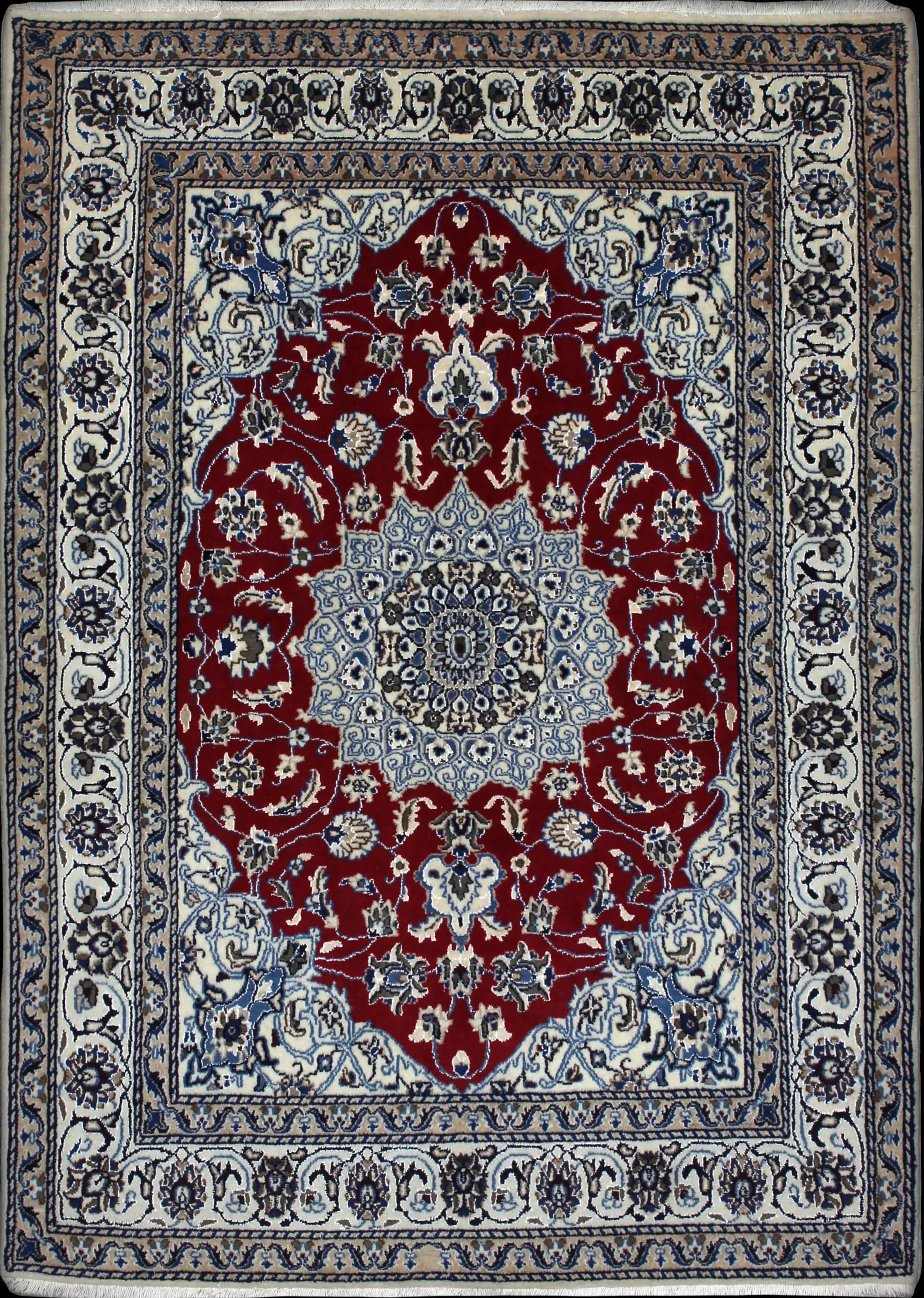 Handmade Persian rug in dimensions 203 centimeters length by 140 centimeters width with mainly Red and Blue colors