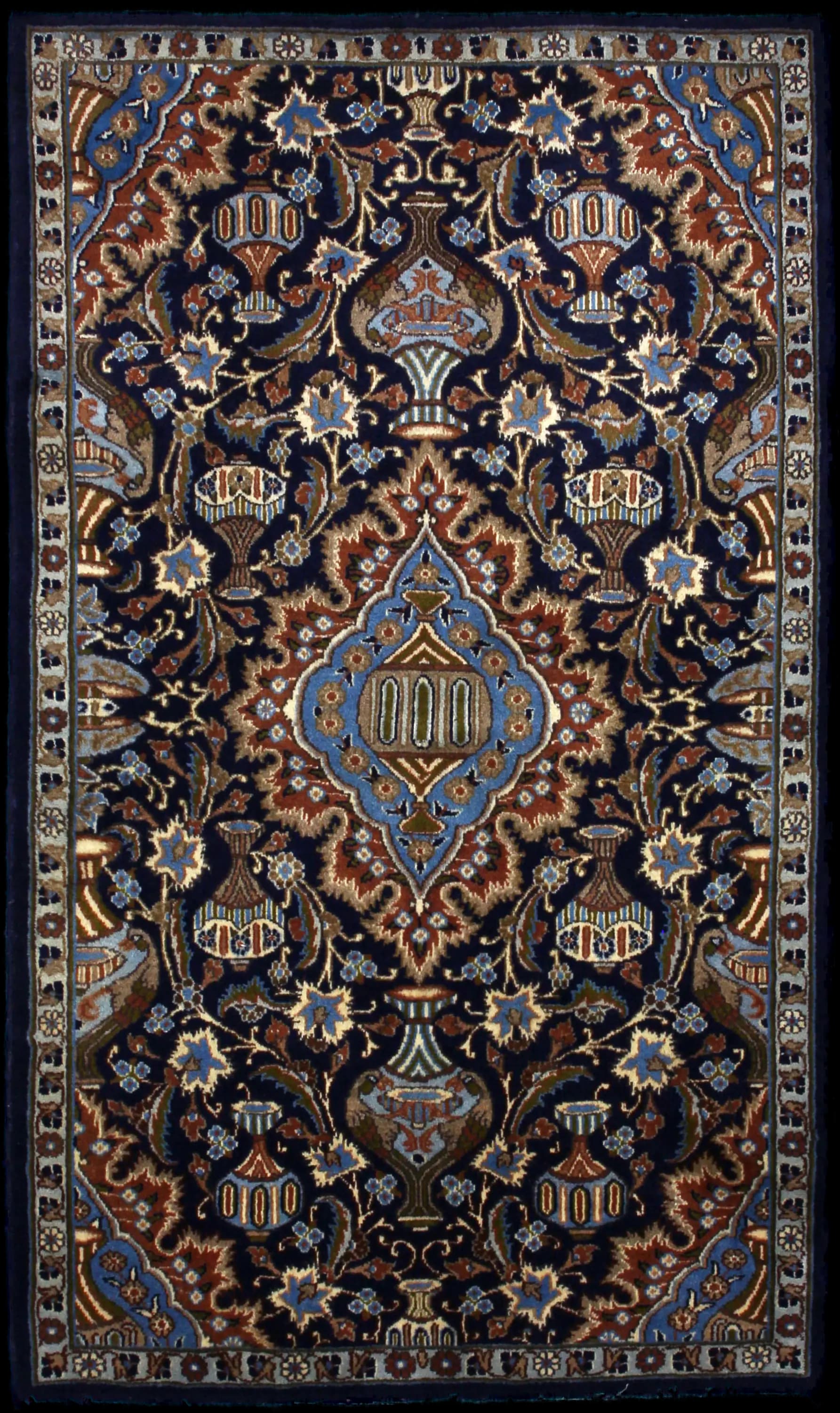 Handmade Perse rug in dimensions 183 centimeters length by 107 centimeters width with mainly Bleu et Marron colors