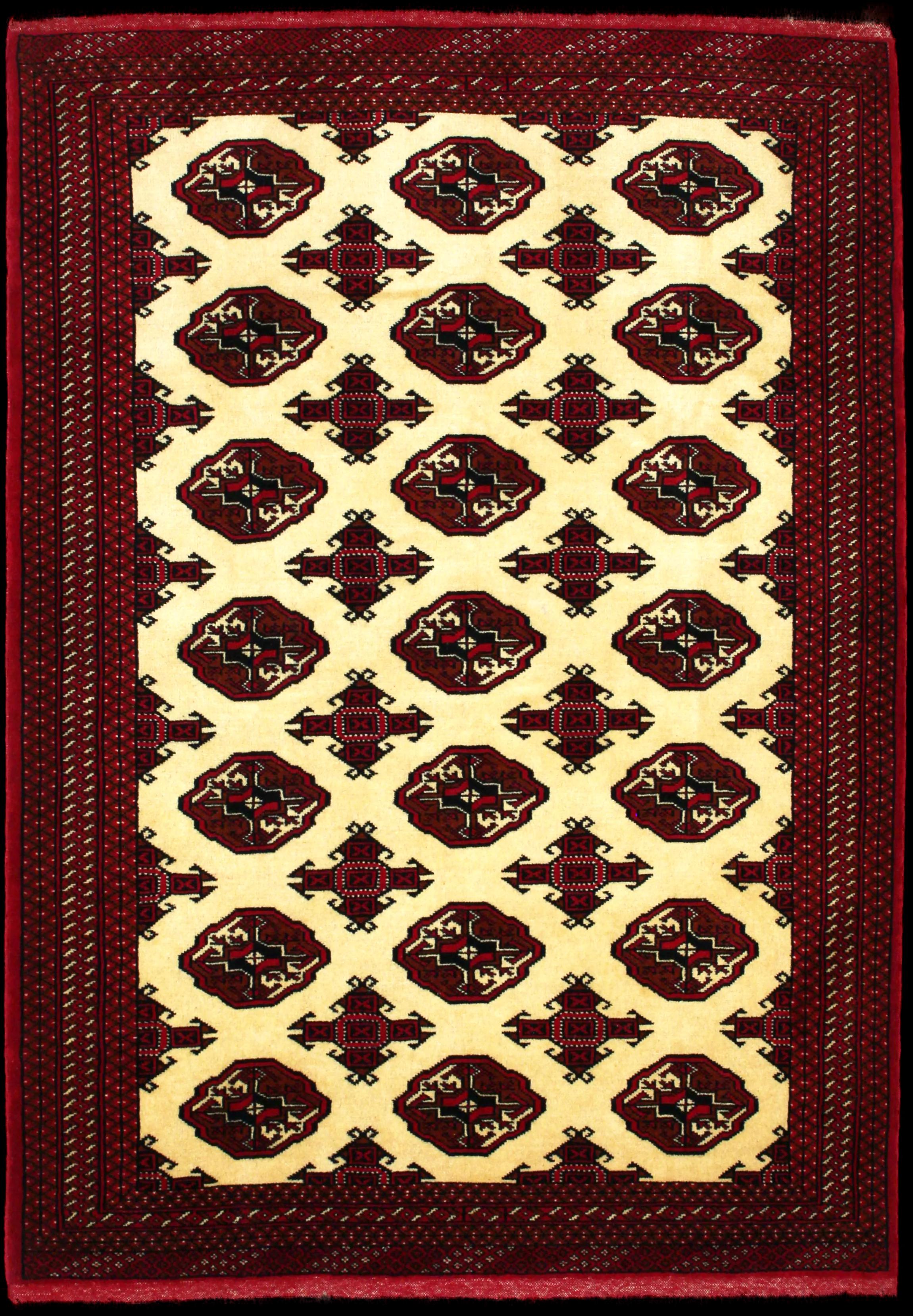 Handmade Persian rug of Turkoman style in dimensions 196 centimeters length by 136 centimetres width with mainly Beige and Red colors