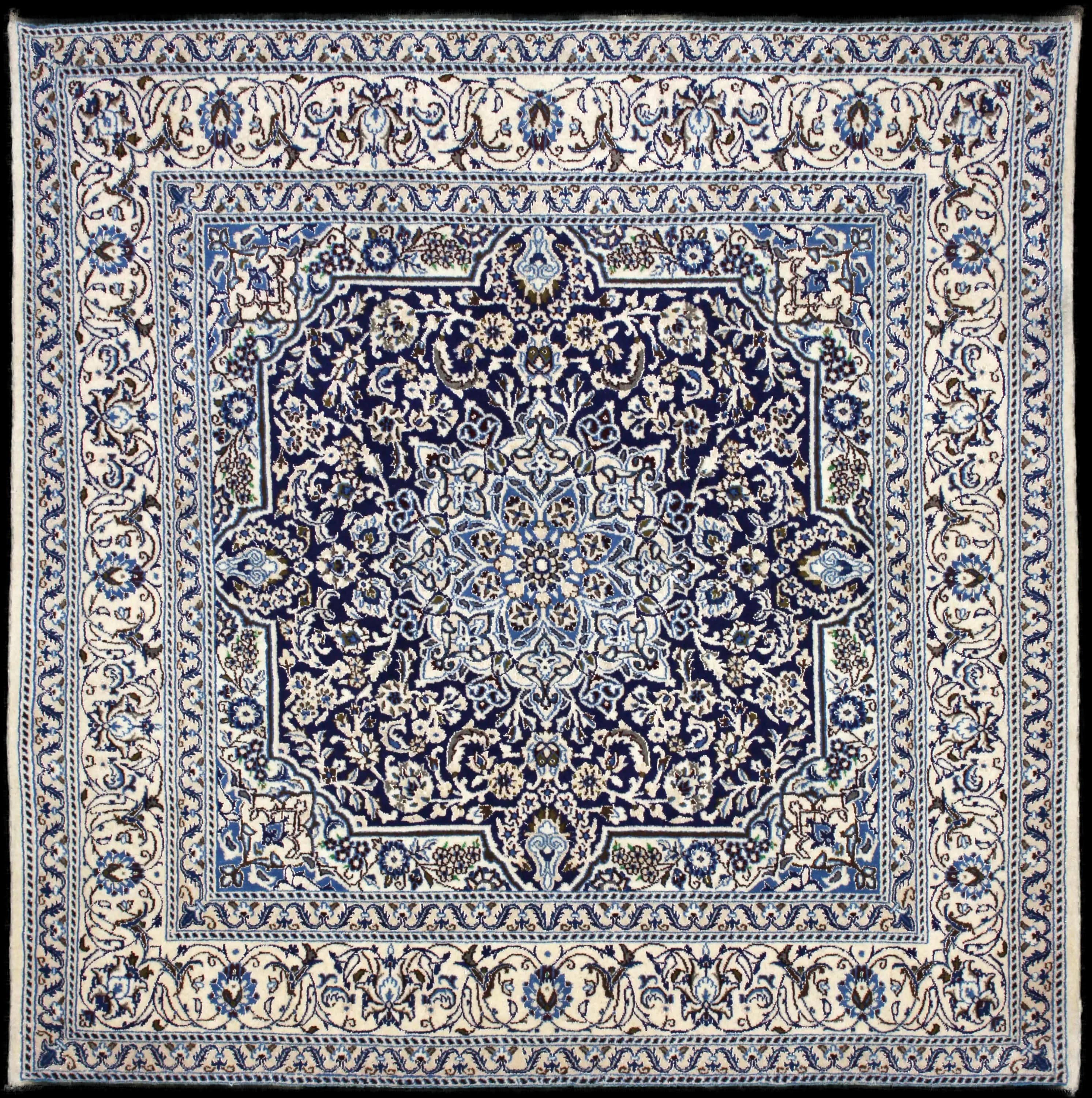 Handmade Persian rug in dimensions 202 centimeters length by 195 centimeters width with mainly White and Blue colors