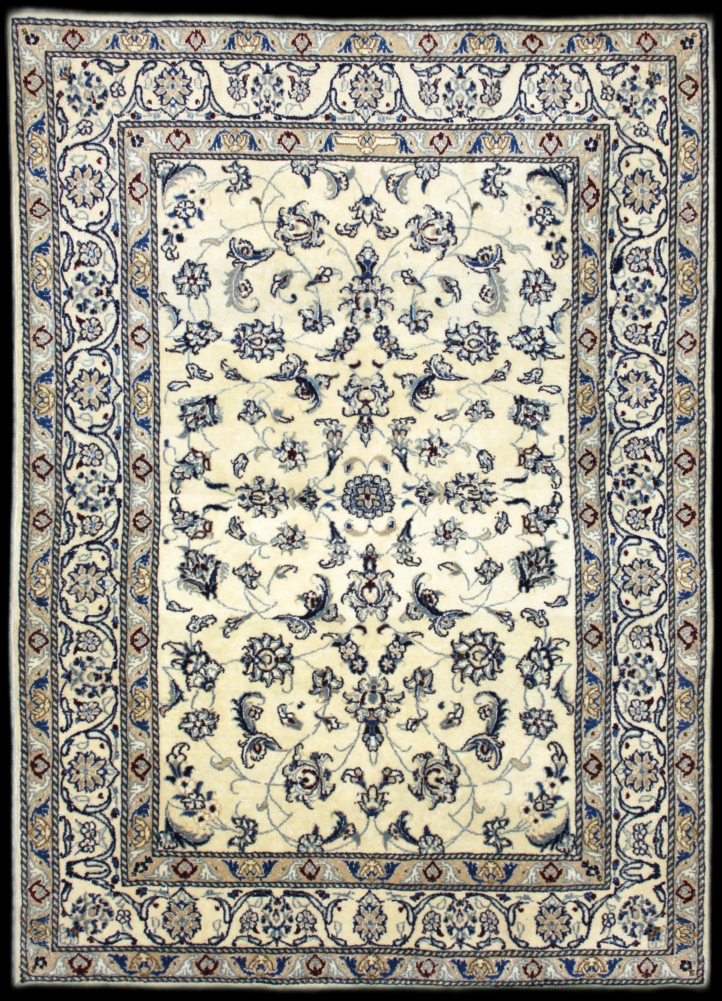 Handmade Persian rug of Nain style in dimensions 230 centimeters length by 159 centimetres width with mainly Beige and Blue colors