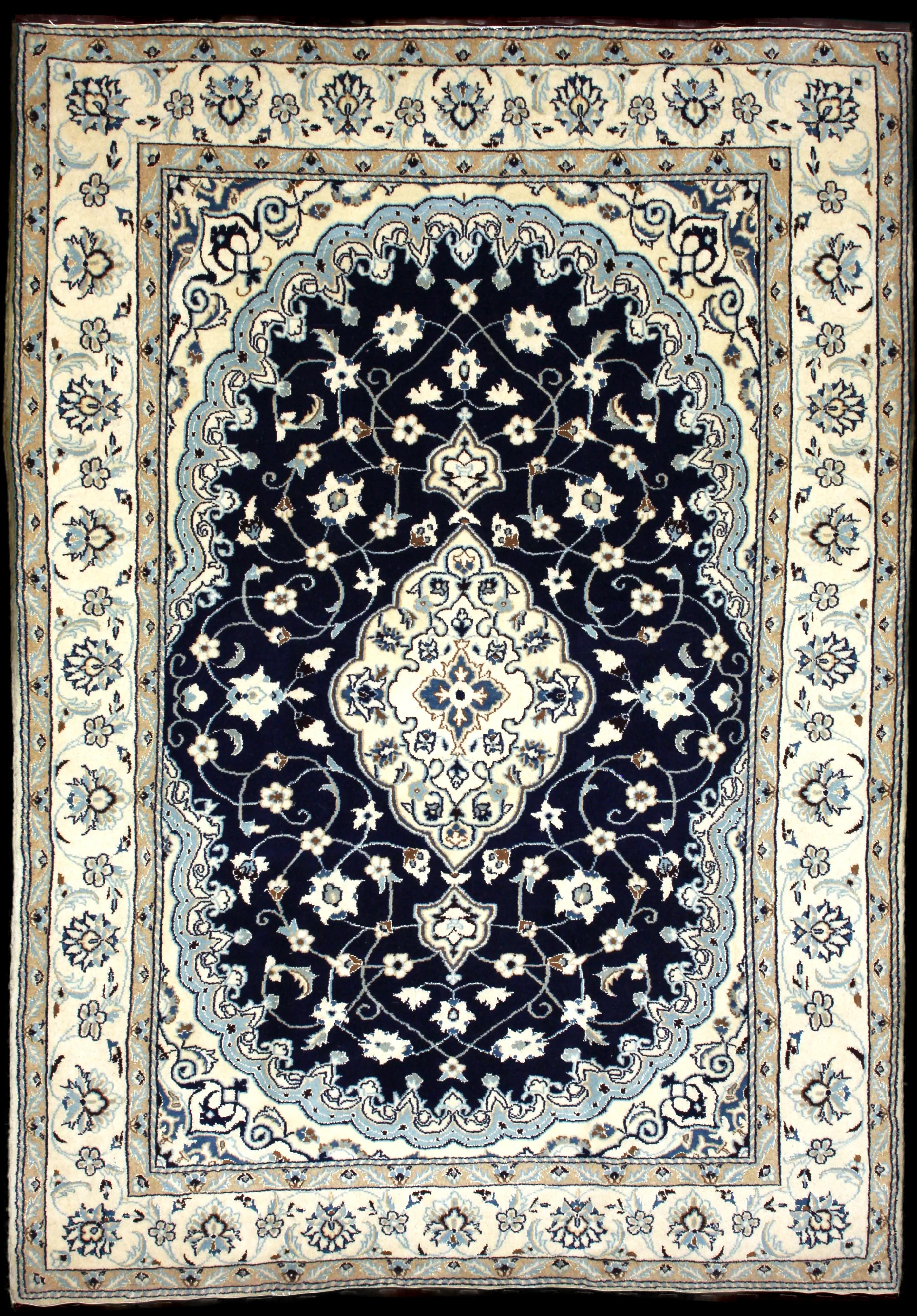 Handmade Persian rug of Nain style in dimensions 238 centimeters length by 160 centimetres width with mainly Beige and Blue colors