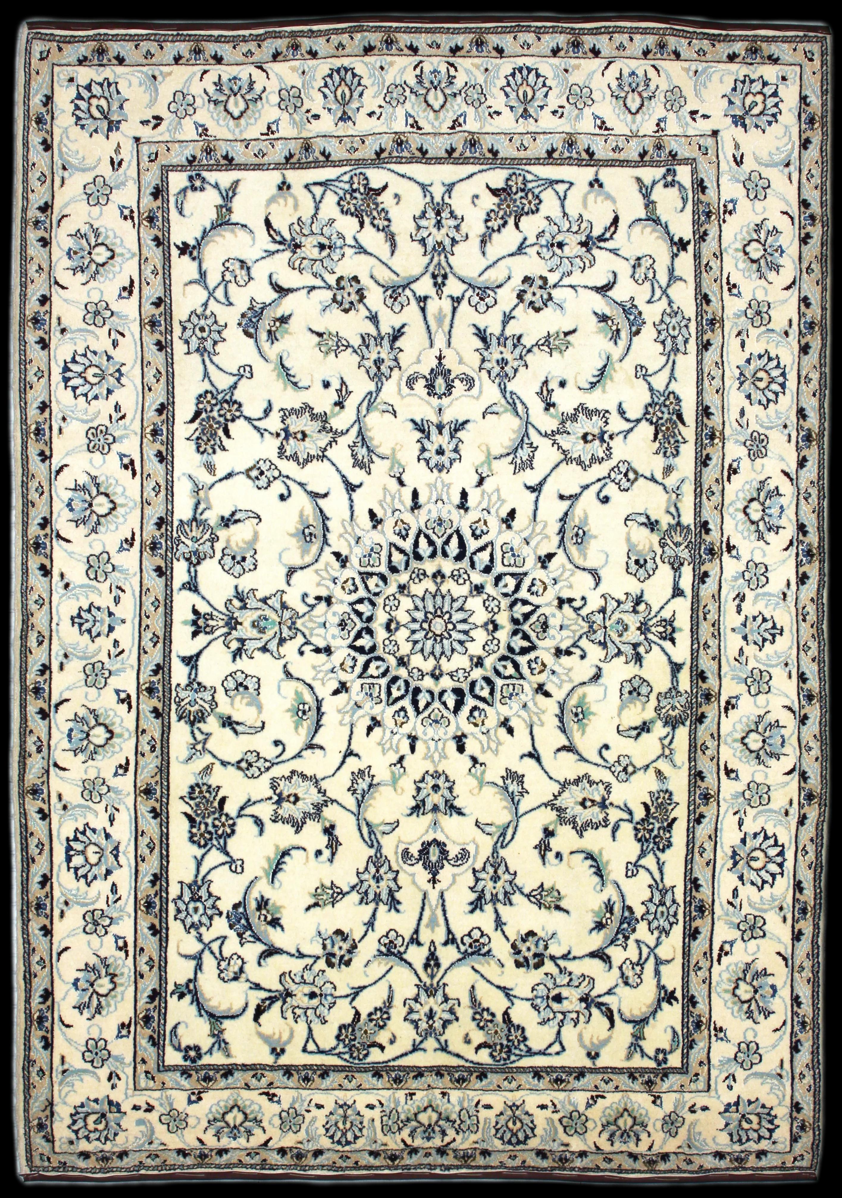 Handmade Persian rug of Nain style in dimensions 234 centimeters length by 165 centimetres width with mainly Beige and Blue colors