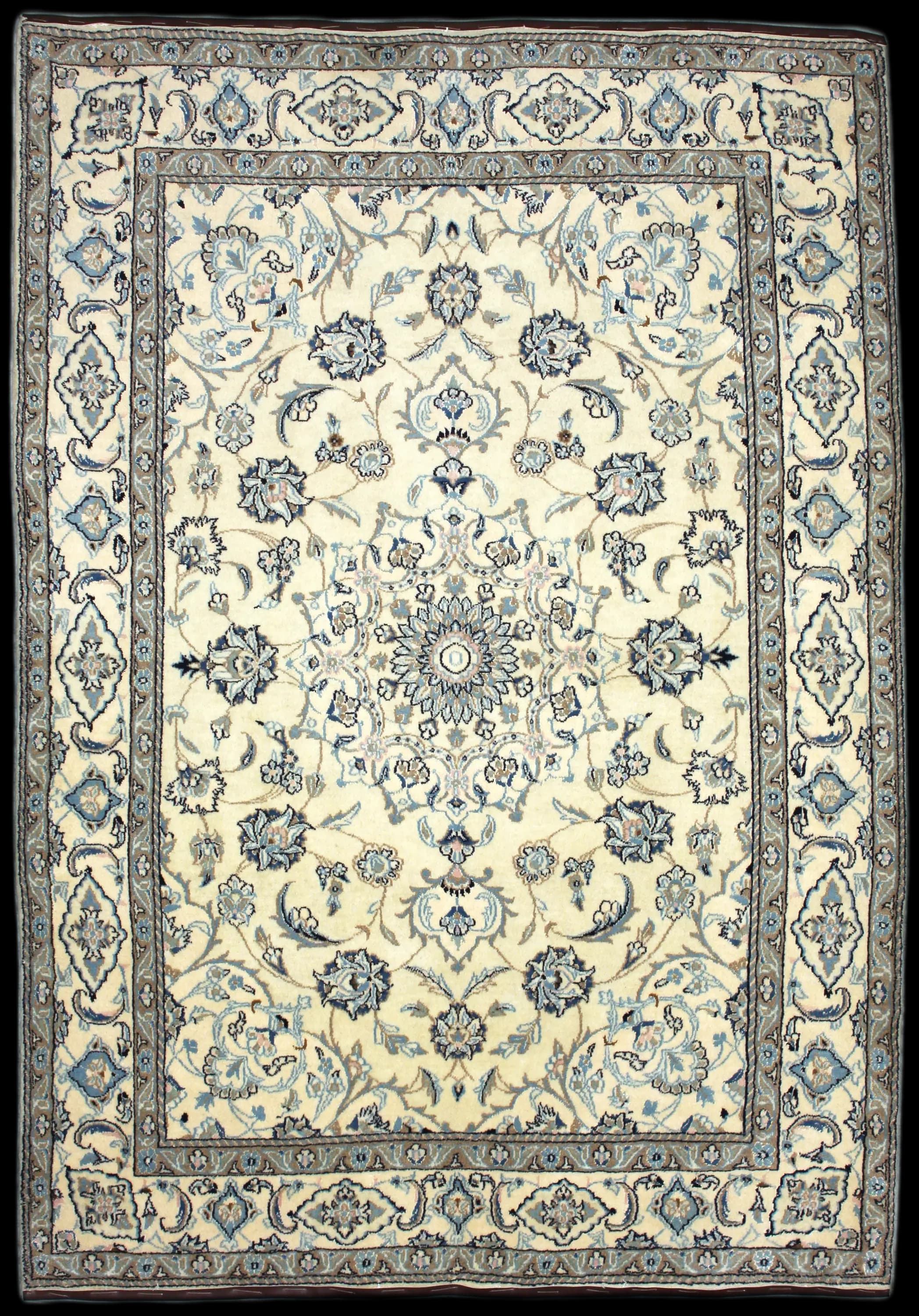 Handmade Perse rug in dimensions 237 centimeters length by 167 centimeters width with mainly Beige et Bleu colors