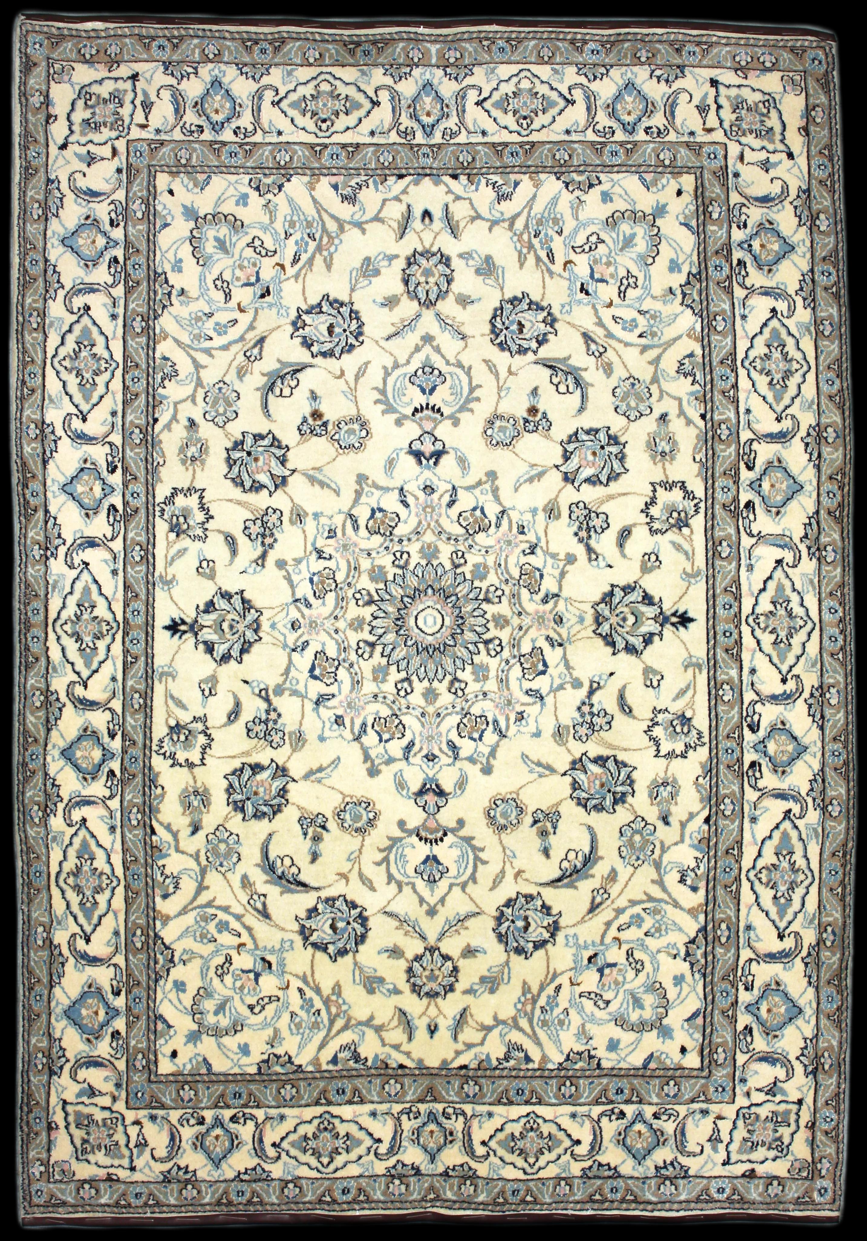 Handmade Persian rug of Nain style in dimensions 237 centimeters length by 167 centimetres width with mainly Beige and Blue colors