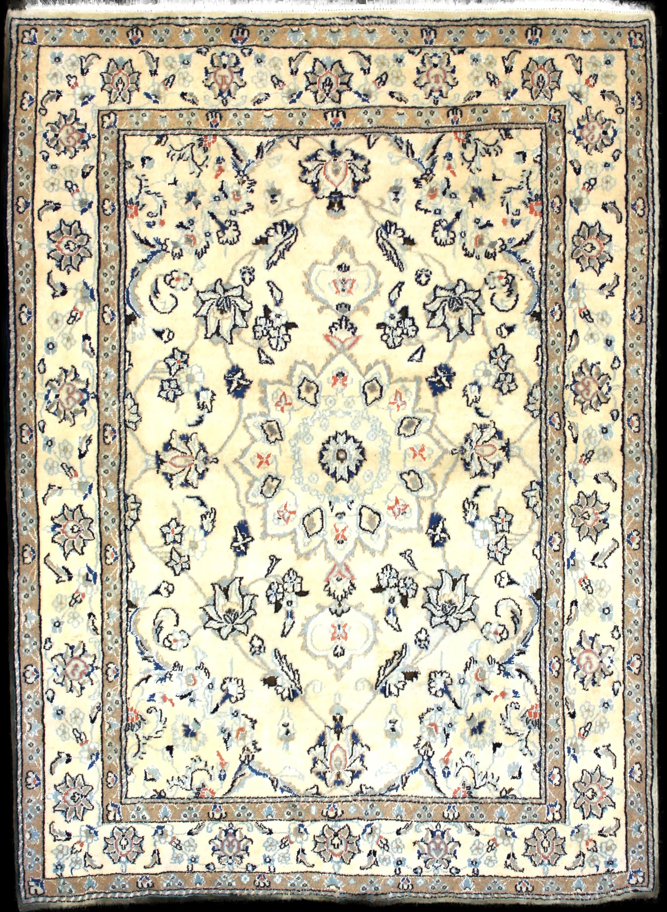 Handmade Persiano rug in dimensions 206 centimeters length by 145 centimeters width with mainly Beige e Blu colors