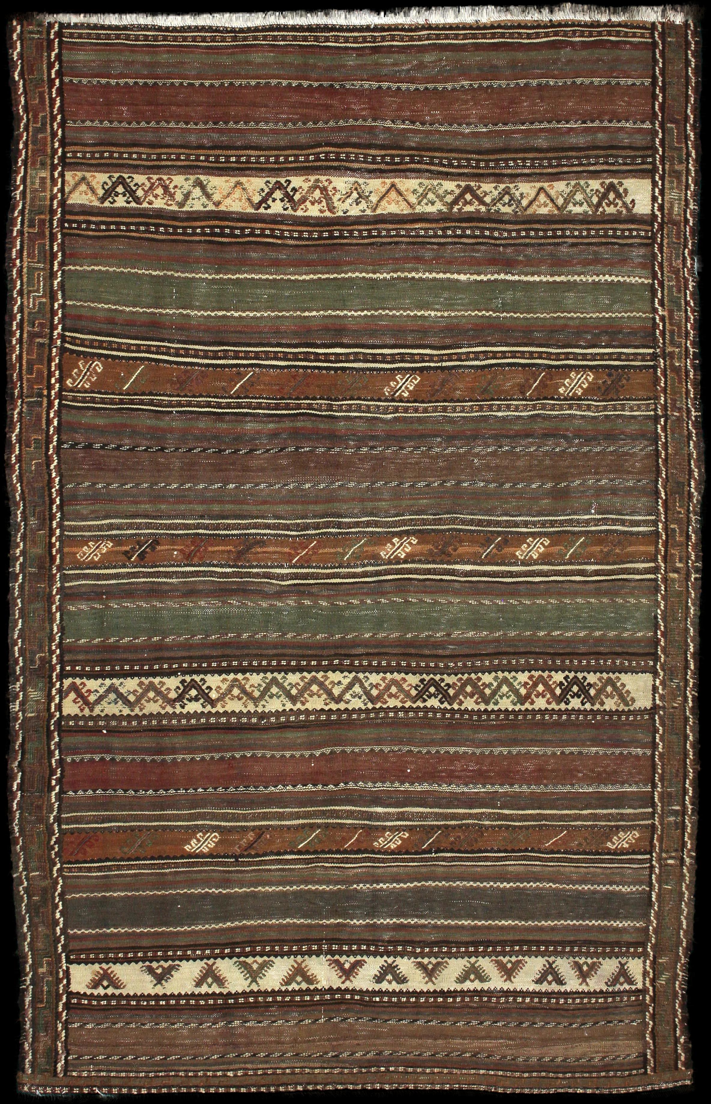 Handmade Persian rug of Sumak style in dimensions 212 centimeters length by 138 centimetres width with mainly Brown colors