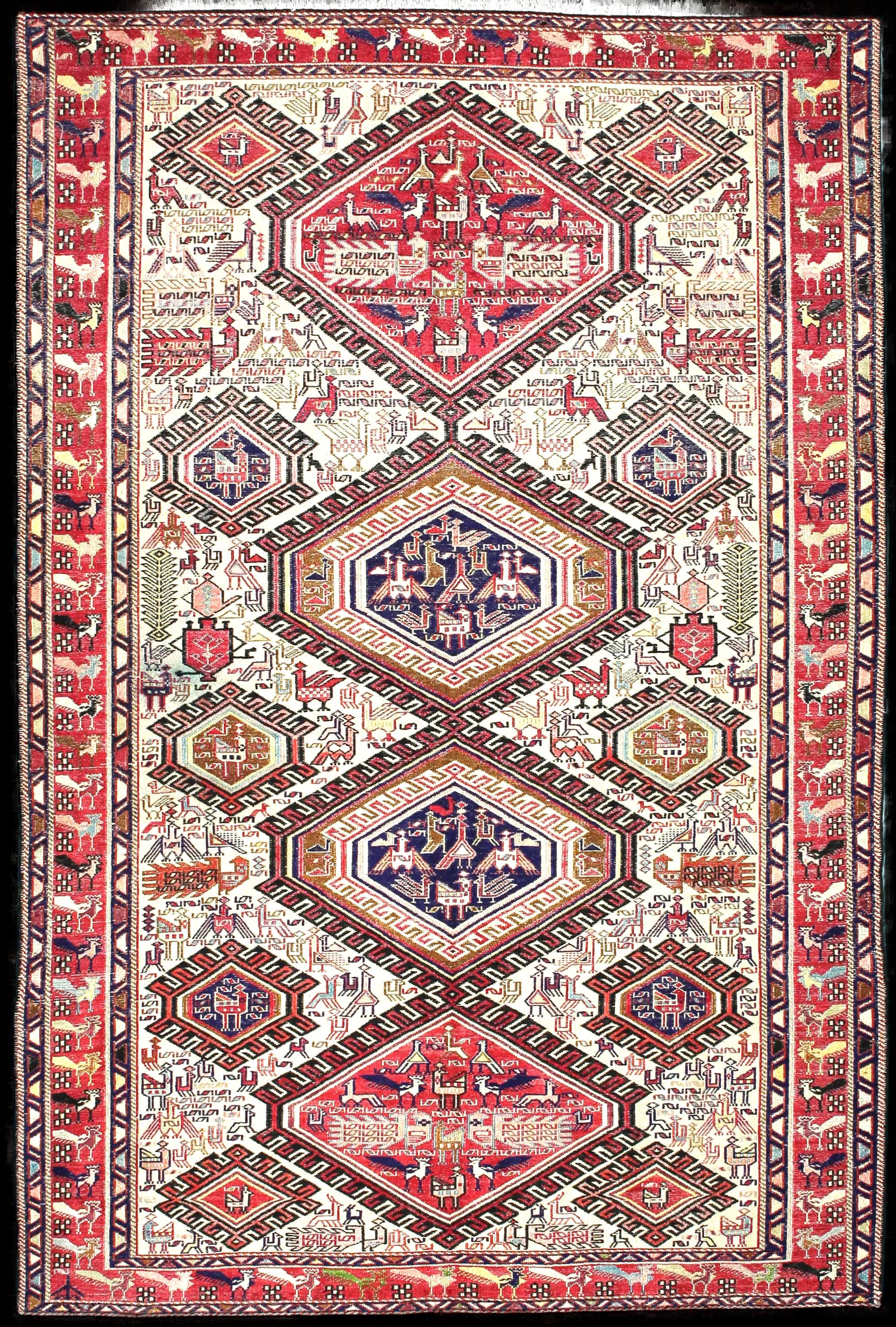 Handmade Persian rug in dimensions 186 centimeters length by 123 centimeters width with mainly Beige and Red colors