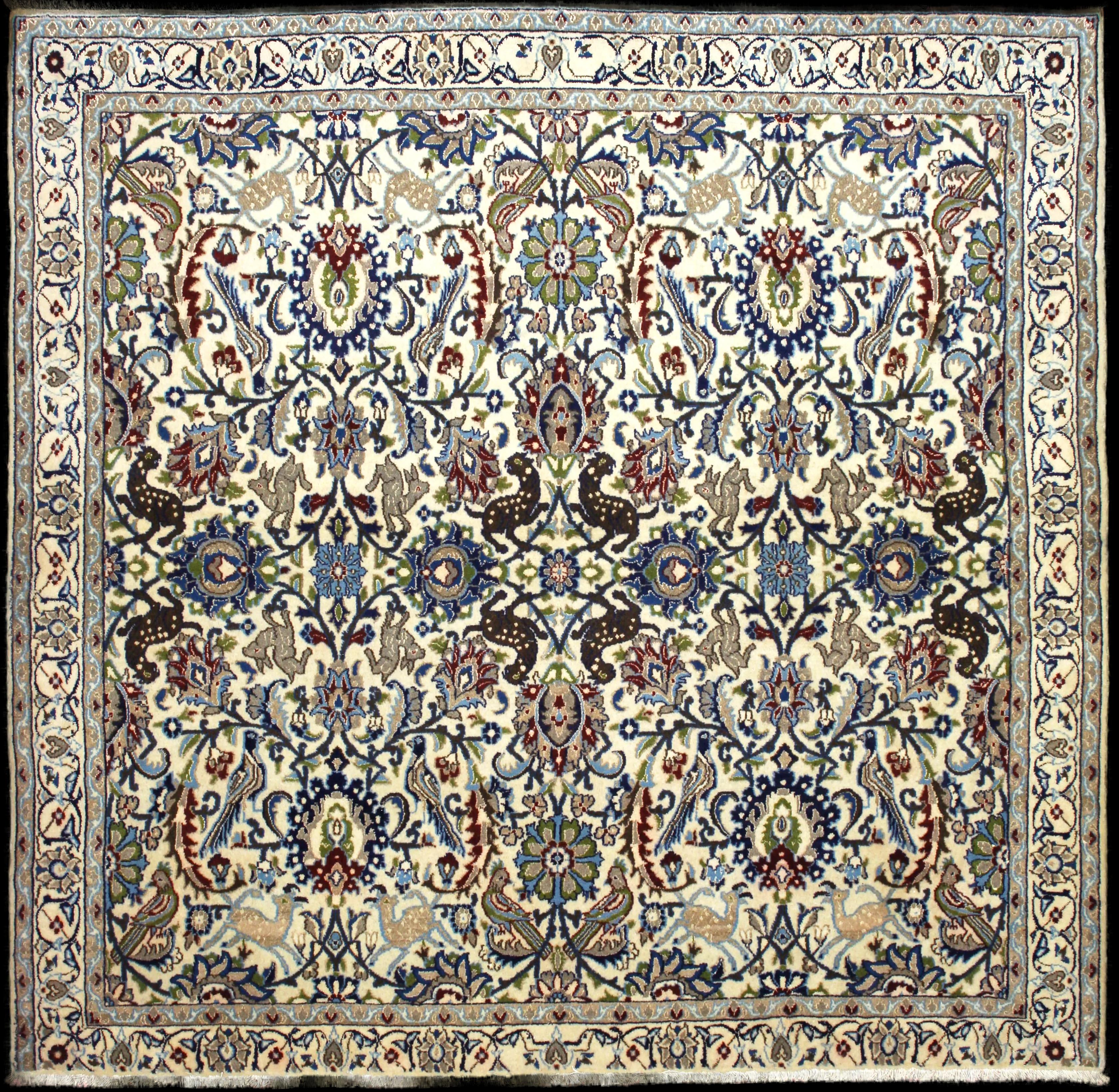 Handmade Persian rug of Nain style in dimensions 200 centimeters length by 192 centimetres width with mainly Beige and Blue colors