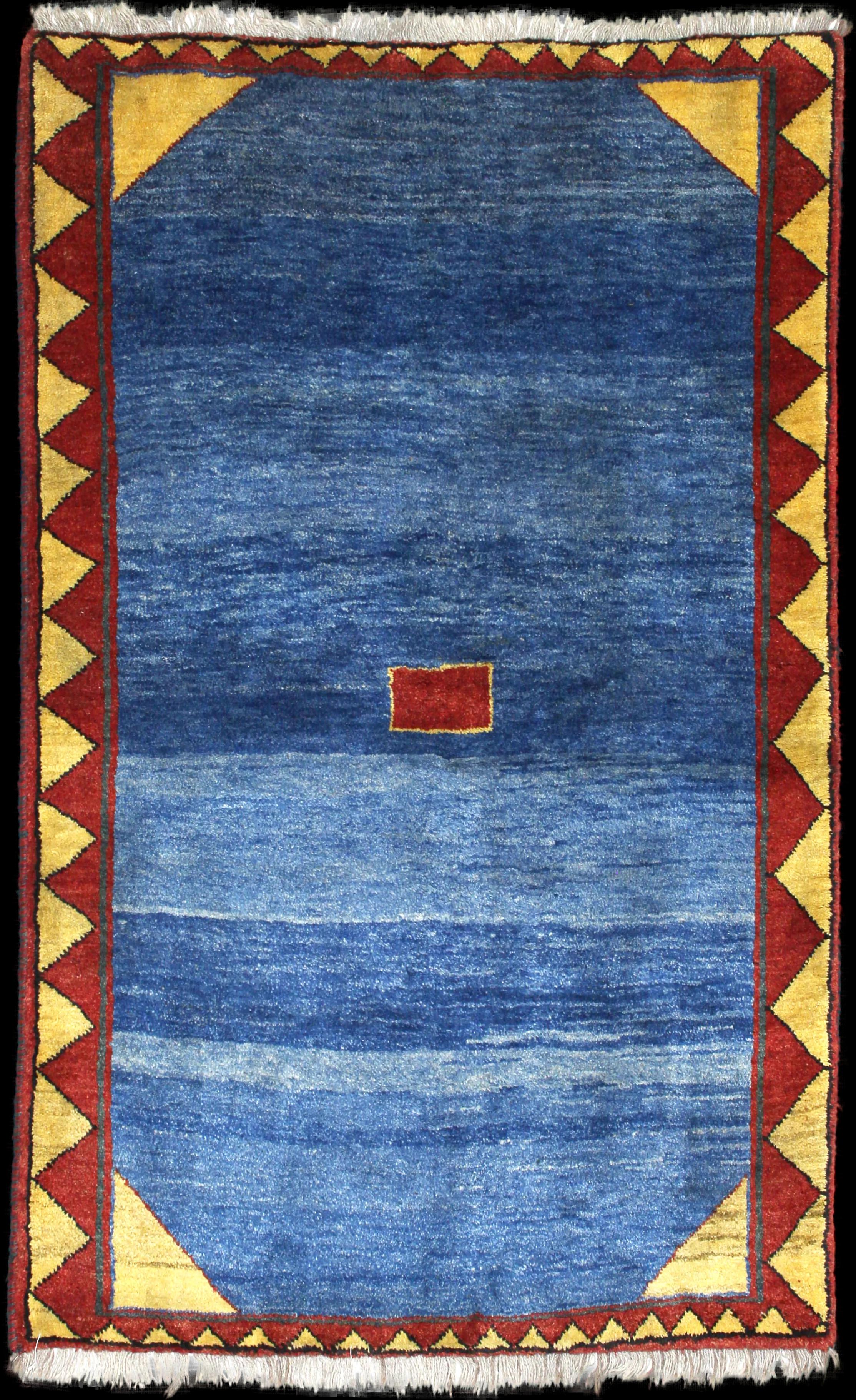 Handmade Persian rug of Gabbeh style in dimensions 200 centimeters length by 128 centimetres width with mainly Blue colors