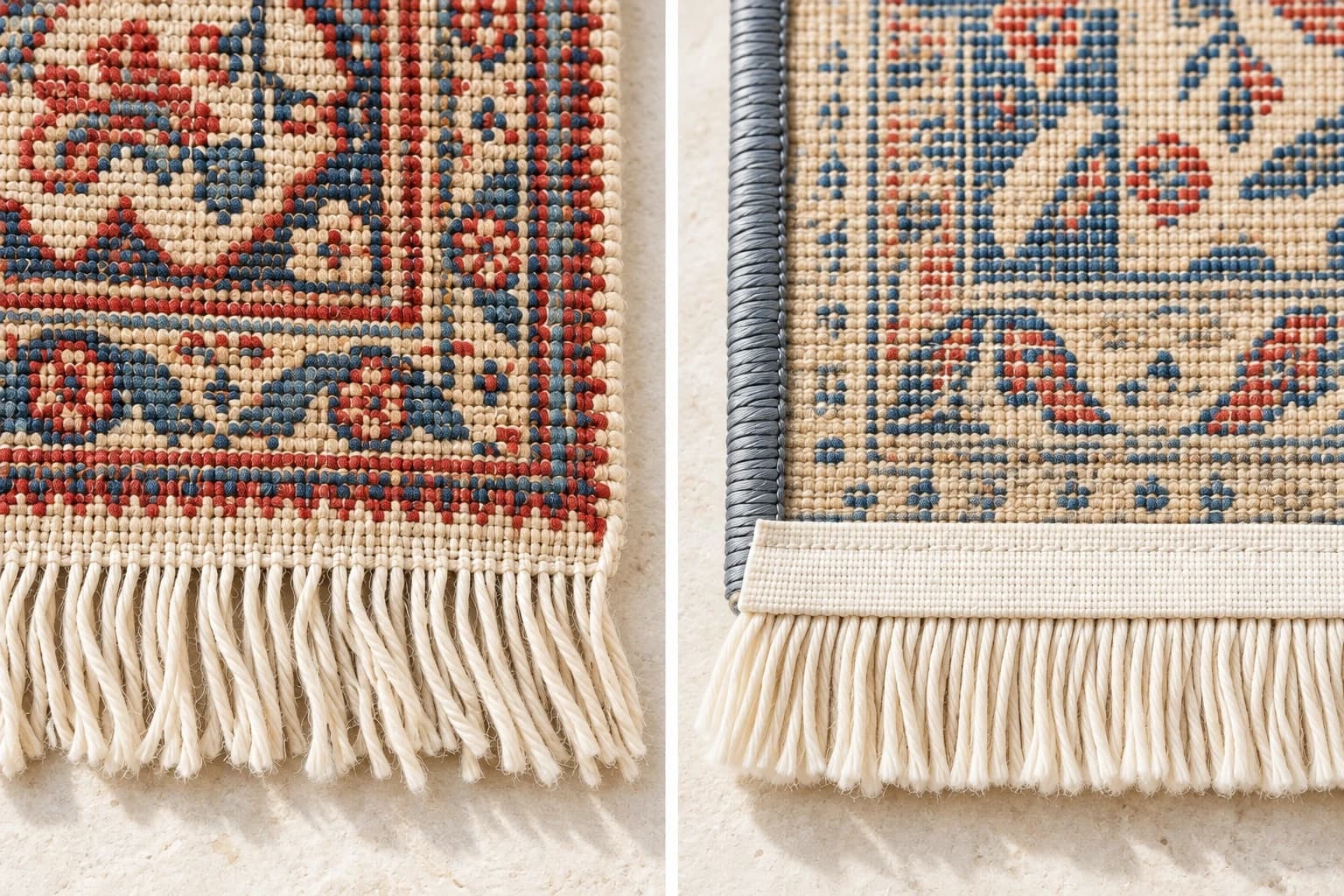 Integral warp fringe on the left and a separately sewn fringe strip on the right