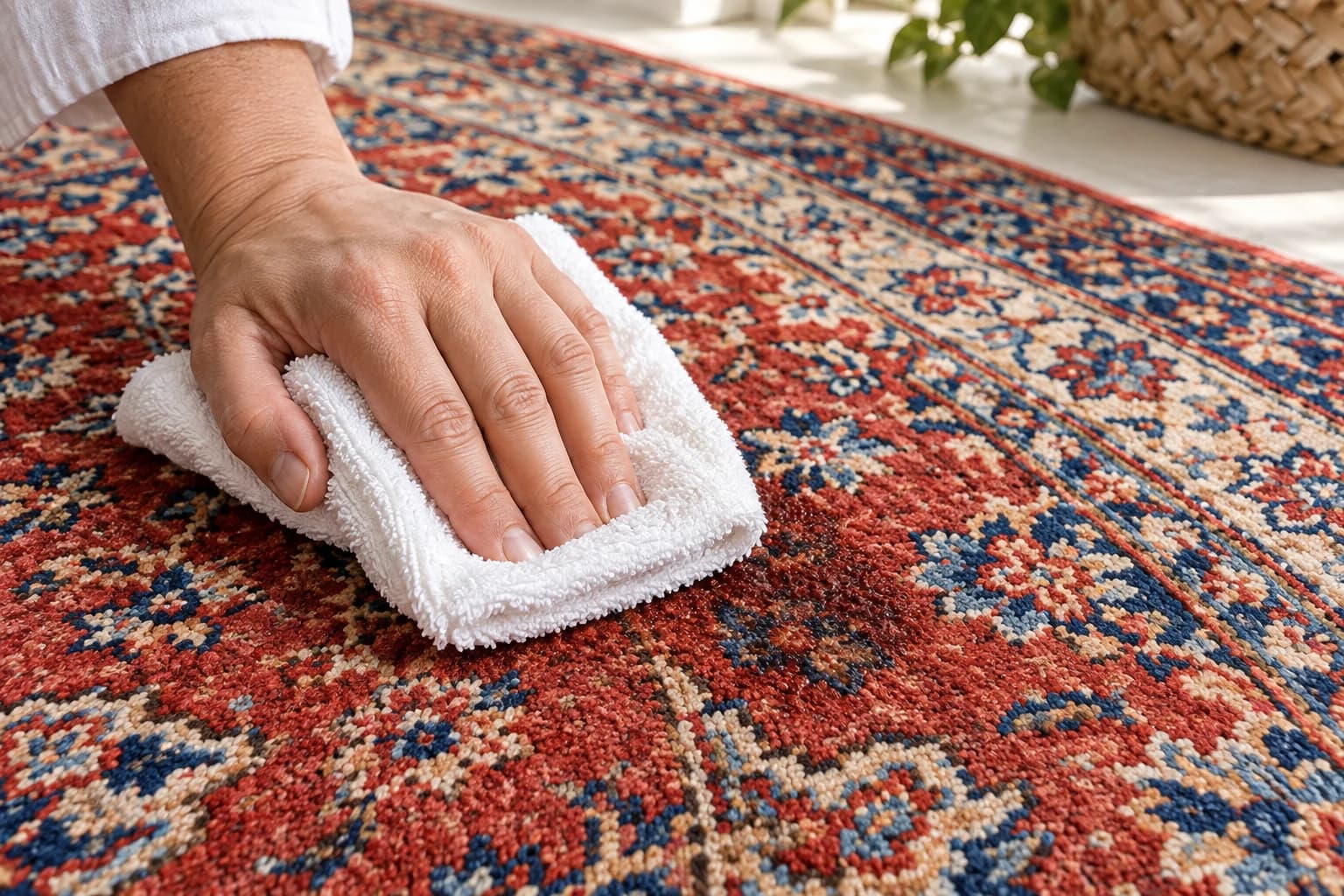 Person carefully cleaning a handmade Oriental rug