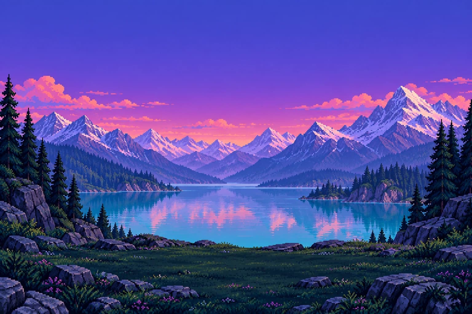 Two companions sit on a patterned carpet beside a mountain lake. Pines frame the valley, and the sun or moon follows your local time.