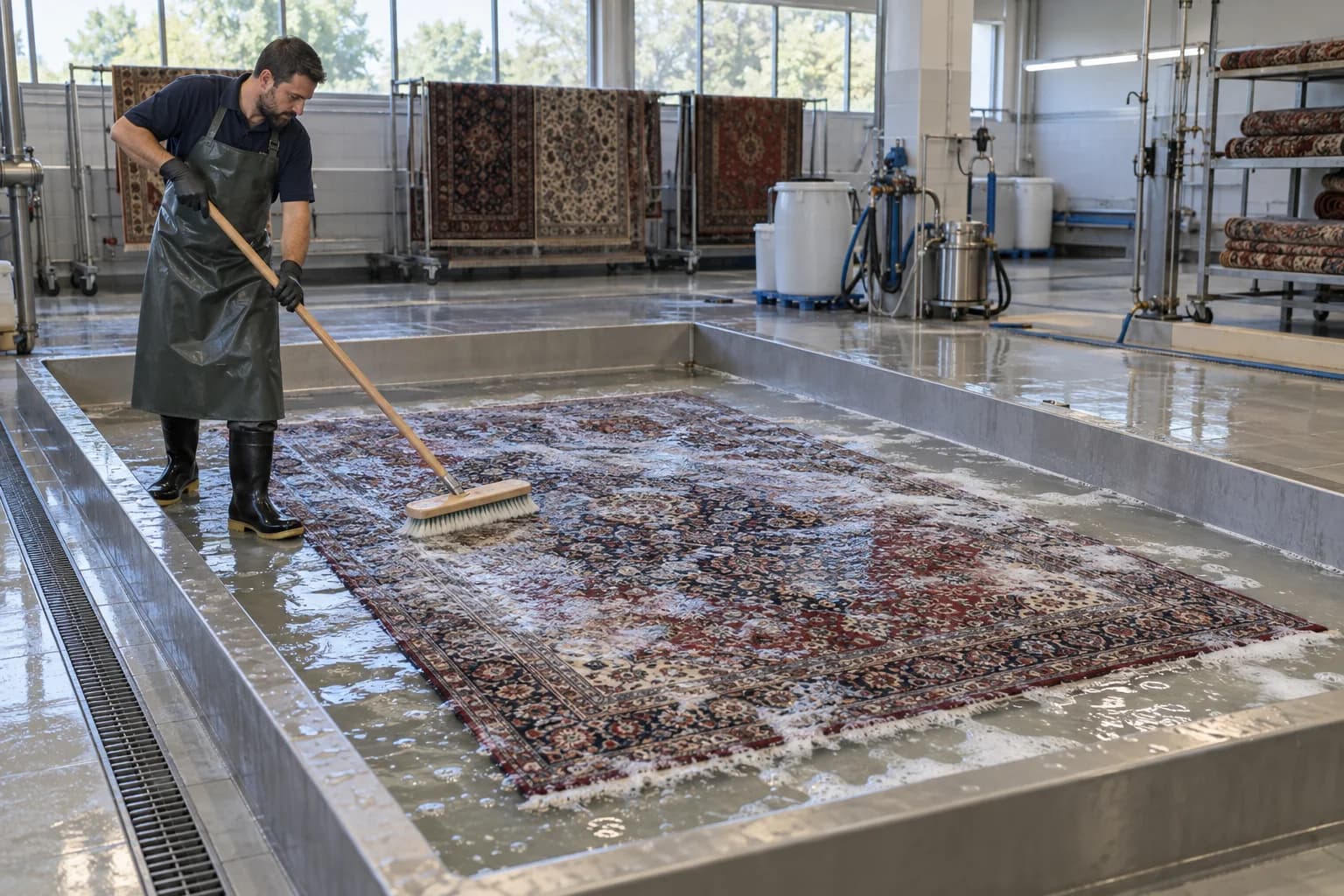 Illustration of a technician gently washing a submerged rug in a professional wash basin