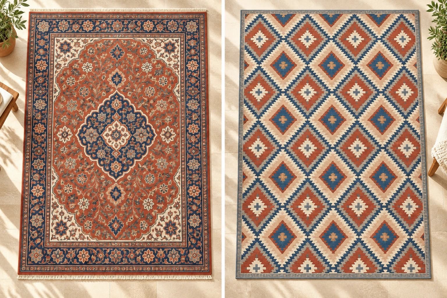 Comparison of intricate handmade design vs uniform machine-made pattern
