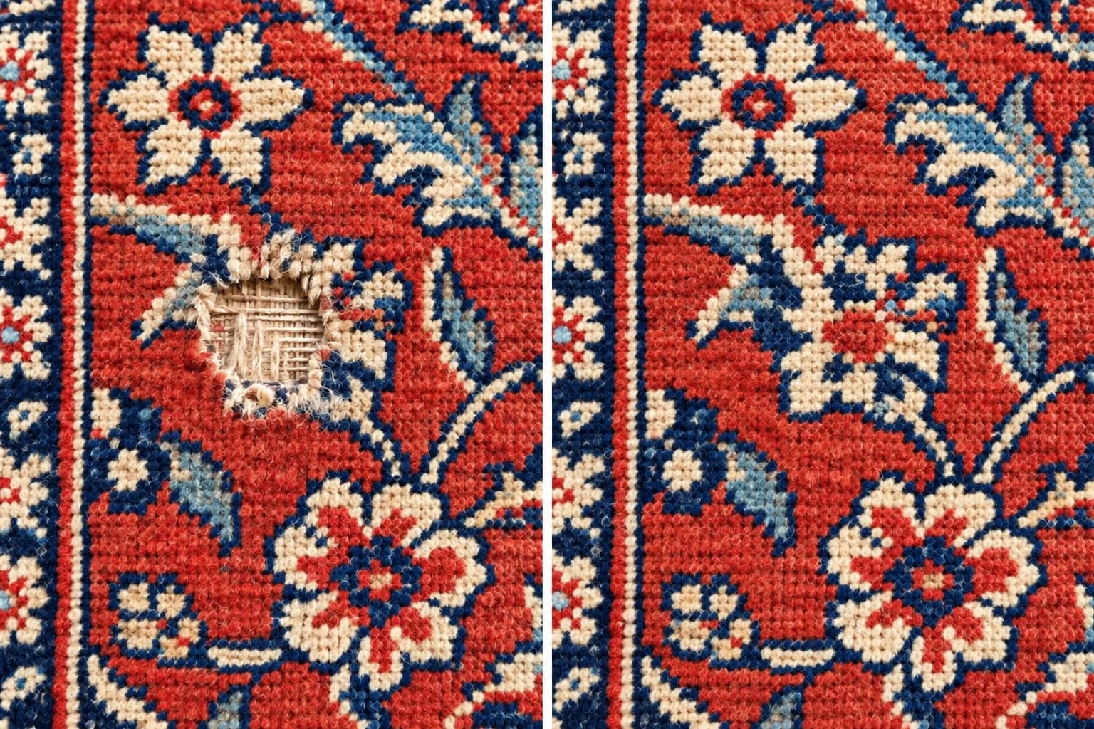 Illustrative comparison of a worn rug area before and after reweaving with matching wool
