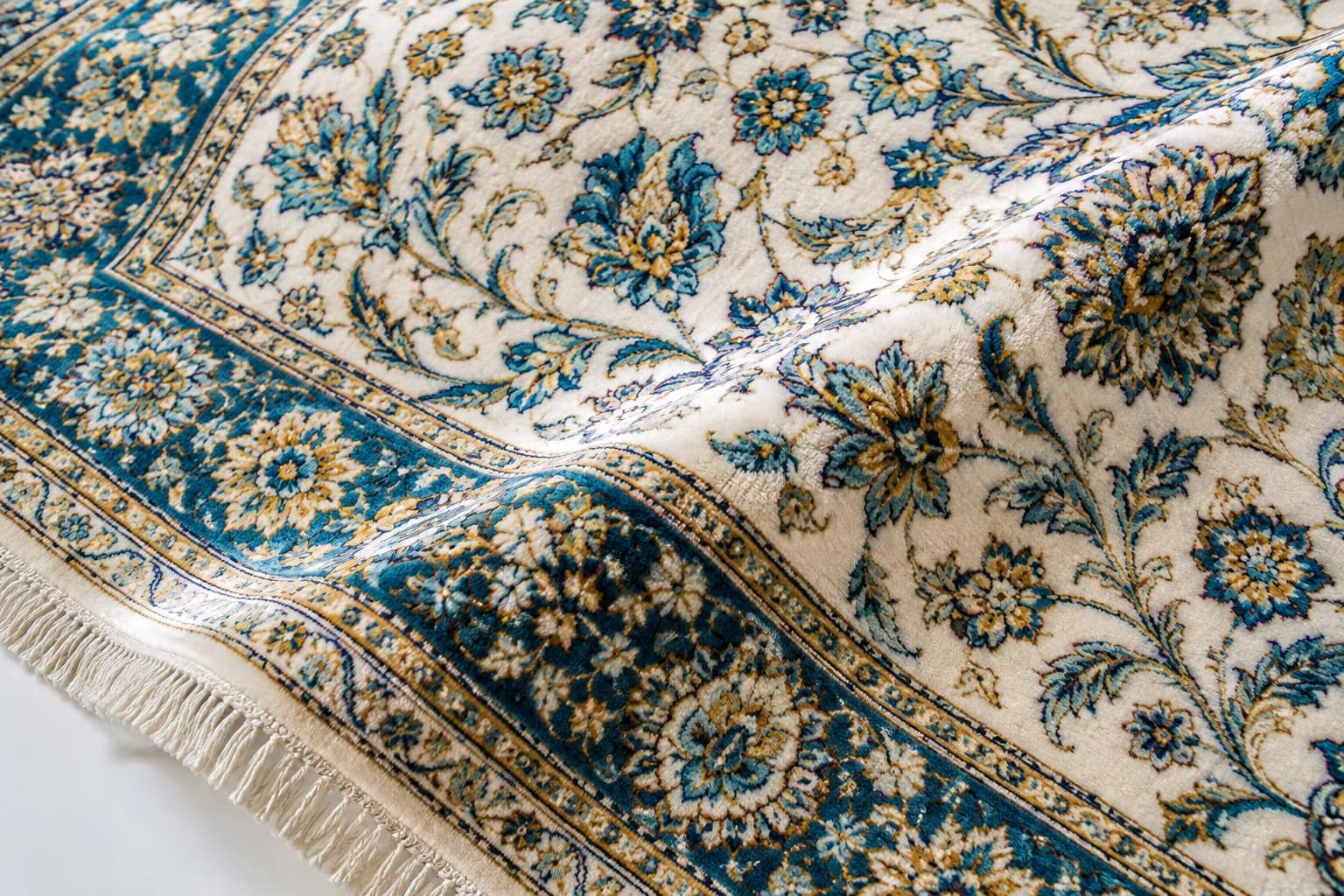 Close-up of fine silk rug pile with a soft sheen