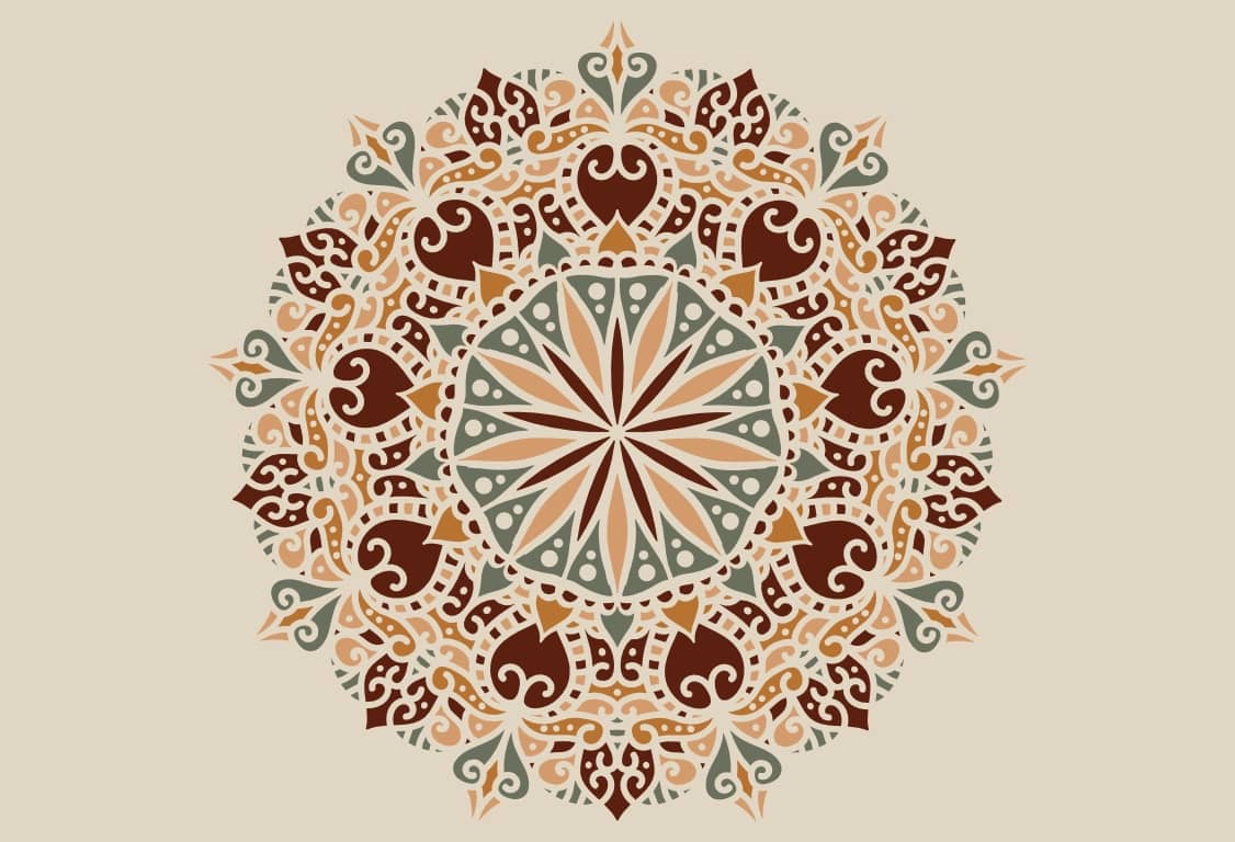 YourCarpet.com emblem. En abstrakt mattmedaljon med röda, gröna och gula färger på en beige bakgrund