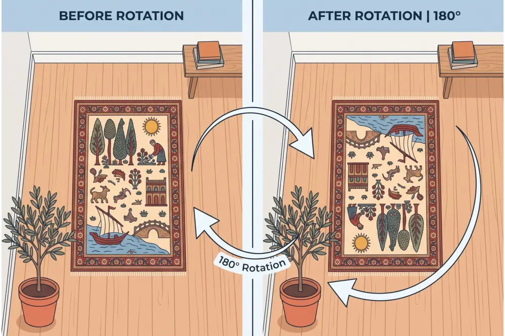 Guide displaying 180 degree rotation of carpet