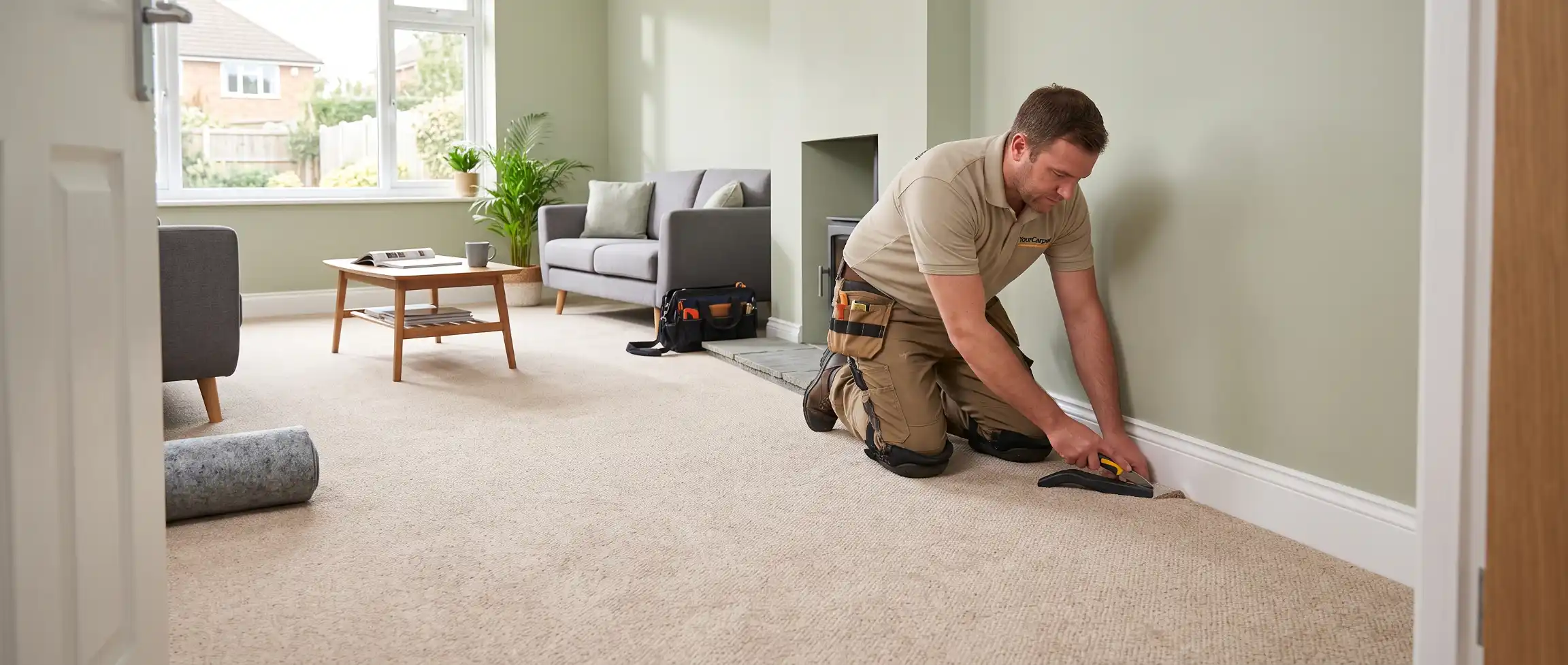 Professional carpet fitter installing a wall-to-wall carpet