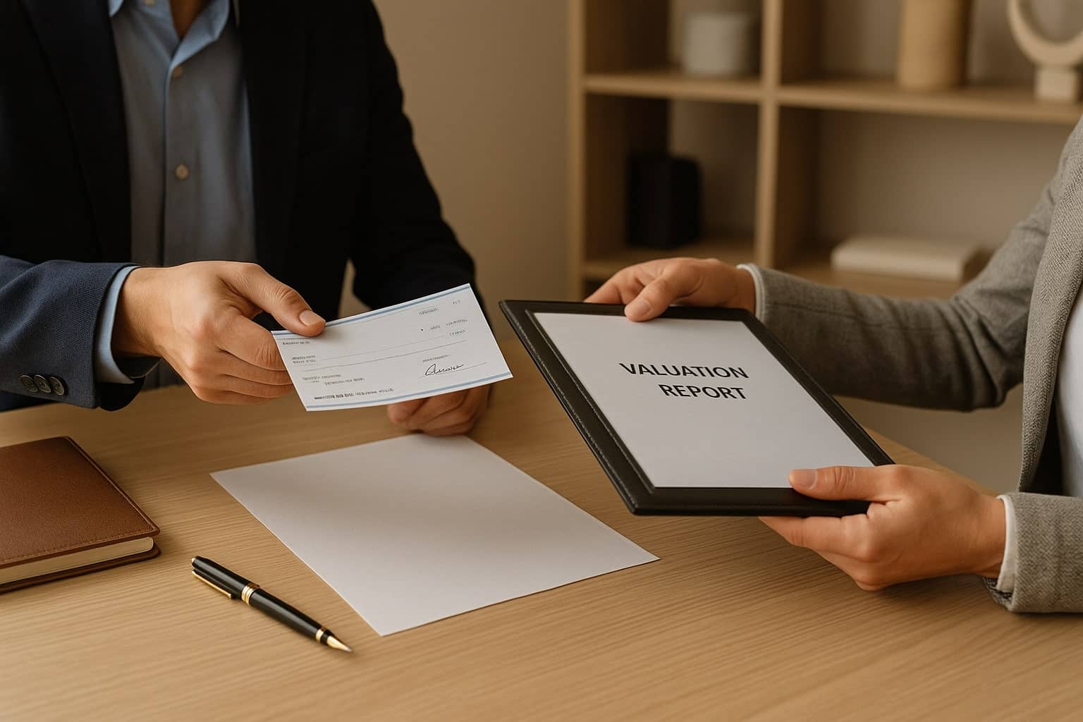 Två ansiktslösa yrkespersoner i ett finansiellt utbyte, en överlämnar kontanter eller en check, den andra returnerar ett dokument över ett rent skrivbord i en neutral, kontorsliknande miljö